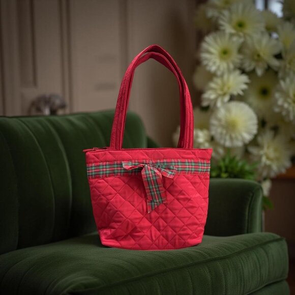 Red Quilted Christmas Tote & Wallet Set, Tartan Plaid Bow, Zip Top Shoulder Bag - Picture 2 of 8
